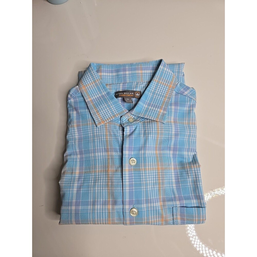 Peter Millar Summer Comfort Men's Baby Blue Plaid Shirt Size Medium EUC